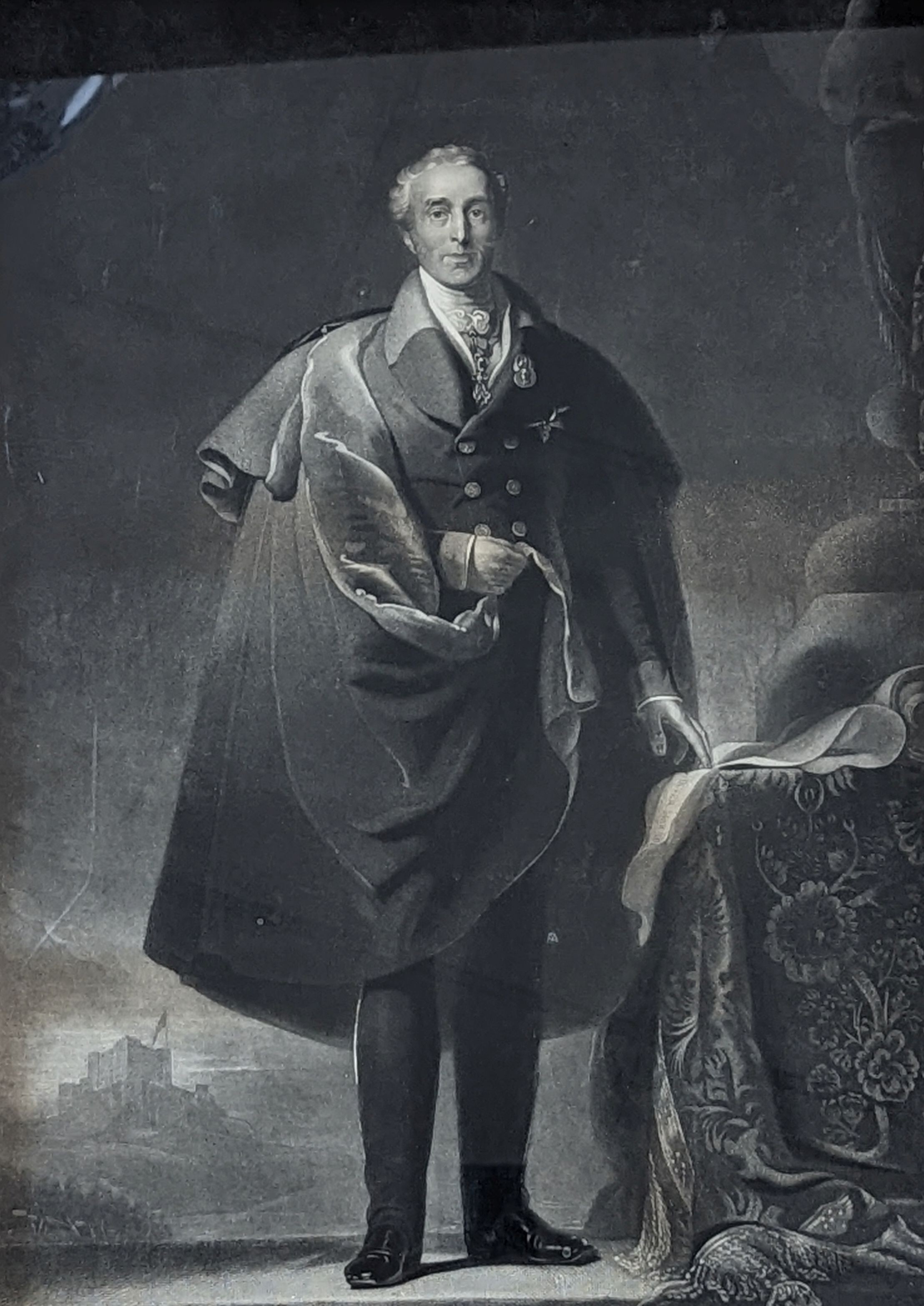 19th Century English School, mezzotint, Full length portrait of the Duke of Wellington, 56 x 40cm